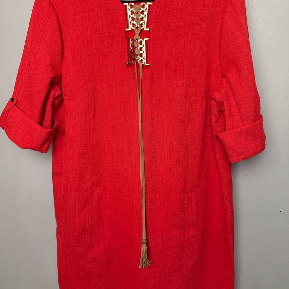 Tahari Arthur S. Levine Red Shift Dress Size 14 Gold & Tassel Detail